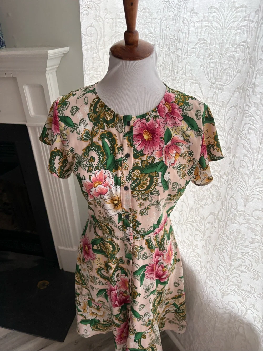 LOFT Pink Floral Midi Dress with Green Leaves - Picture 3 of 6